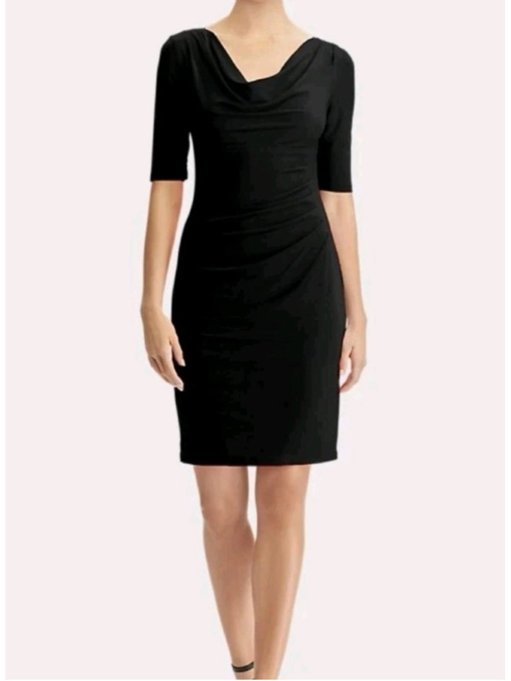 Lauren Ralph Lauren Black Ruched Sheath Dress Cowl Neck Stretch Career Sz 4 LBD